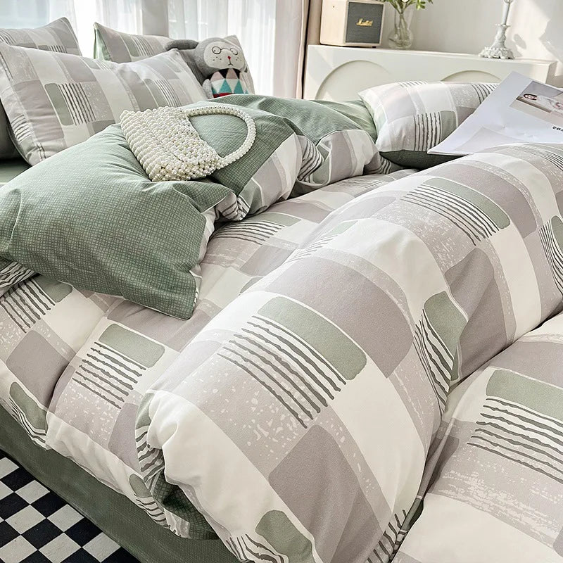 Afralia™ Pure Cotton Striped Bedding Set Duvet Cover Fitted Sheet Kit for Single/Double