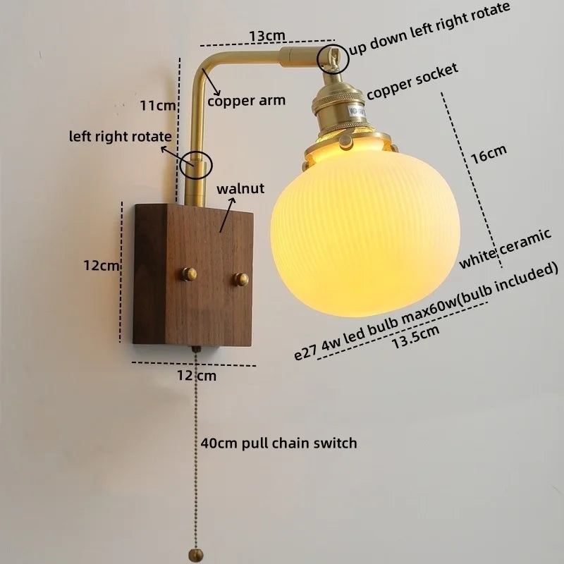 Afralia™ Walnut Ceramic LED Wall Lamp Pull Chain Switch - Modern Bathroom Mirror Light