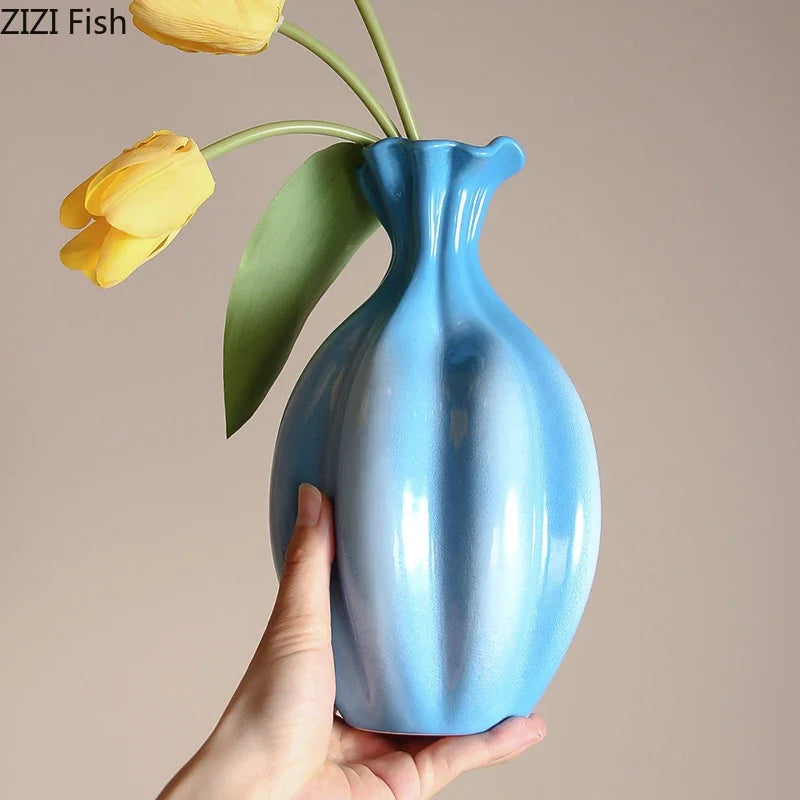 Afralia™ Blue Ceramic Flower Bud Vase for Table Decoration and Room Aesthetic