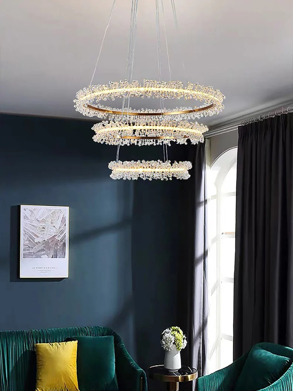 Afralia™ Crystal Gold/Black Ring LED Chandelier: Minimalist Luxury Hanging Ceiling Light Fixtures