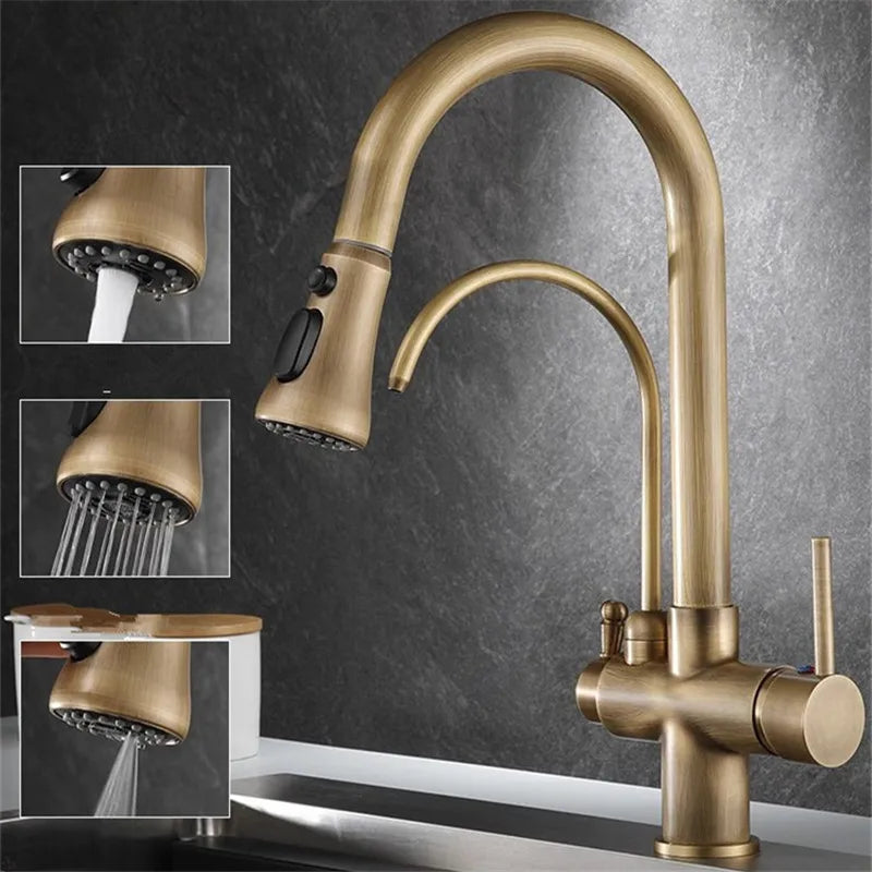 Afralia™ Solid Brass Kitchen Faucet Mixer with Water Filter Tap - Deck Mounted