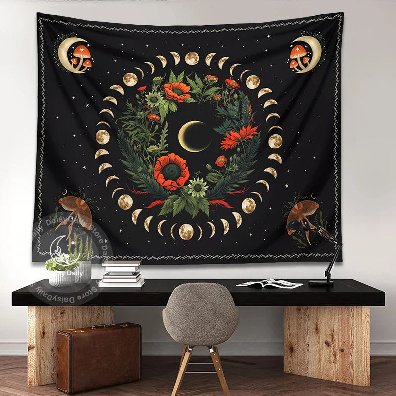 Afralia™ Moon Phase Flower Moth Tapestry: Psychedelic Floral Boho Wall Decor