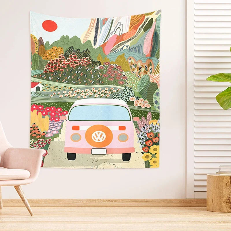 Nordic Landscape Tapestry - Afralia™ Pastoral Illustration Bedside Wall Hanging for Bedroom Décor