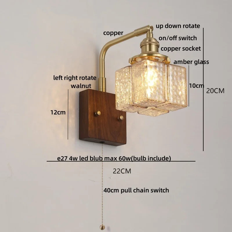 Afralia™ Amber Glass LED Wall Sconce with Walnut Wood, Pull Chain Switch for Living Room