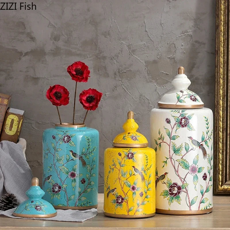Afralia™ European Flower Bird Ceramic Storage Jar Vase Decoration Tea Coffee Beans Candy Home Decor