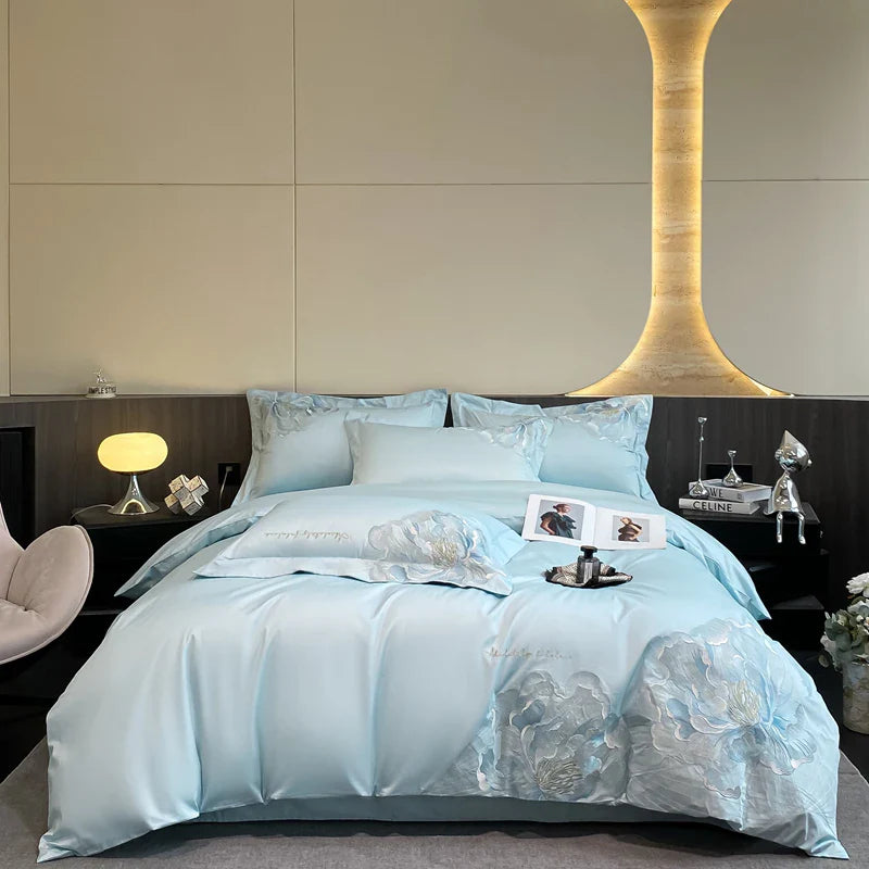 Luxury Flowers Embroidery Bedding Set by Afralia™: Duvet, Sheet, Pillowcases 4Pcs