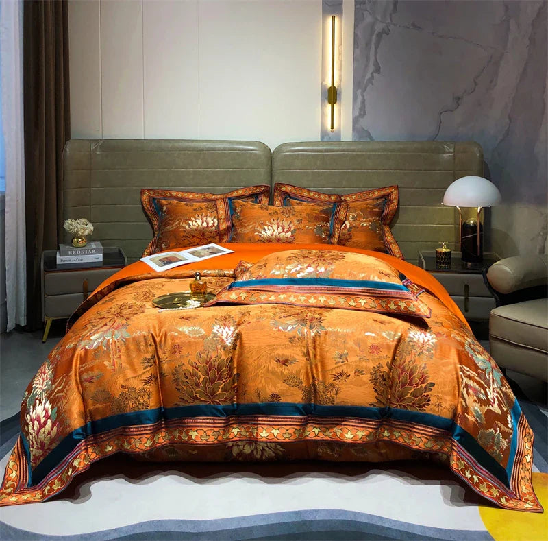 Afralia™ Luxury Brocade Jacquard & Egyptian Cotton Embroidery Bedding Set - Quilt Cover, Sheet, Bedspread & Shams