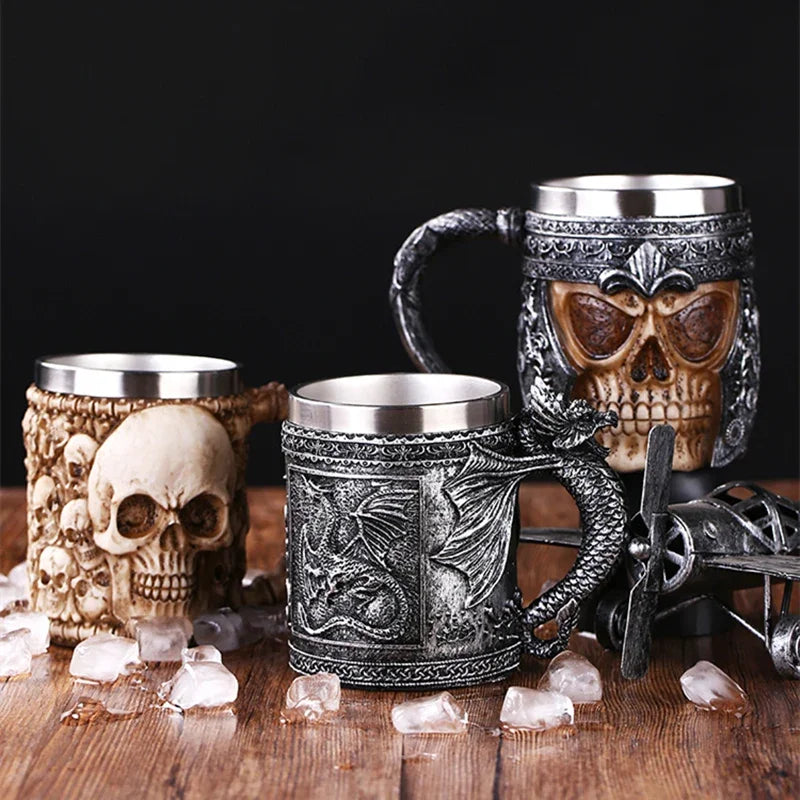 Afralia™ Skull Knight Beer Mug: Resin & Stainless Steel Tankard for Halloween, Coffee, Pub