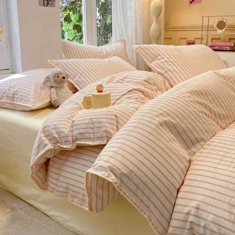 Afralia™ Striped Shell Edge Bedding Set | Cozy Washed Cotton Fitted Sheet Set