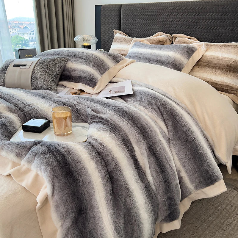 Afralia™ Cozy Faux Fur Bedding Set: Gradient Rabbit Fur Plush Cover Sheet Pillowcases