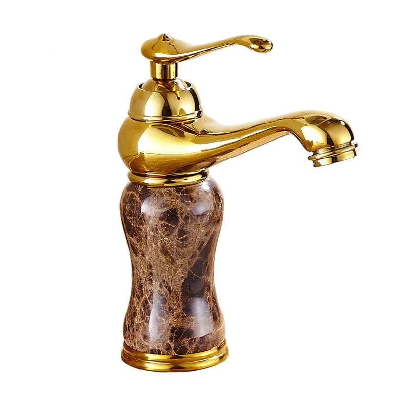 Afralia™ Golden Marble Bathroom Sink Faucet Hot Cold Water Mixer Deck Mounted Gold Tap