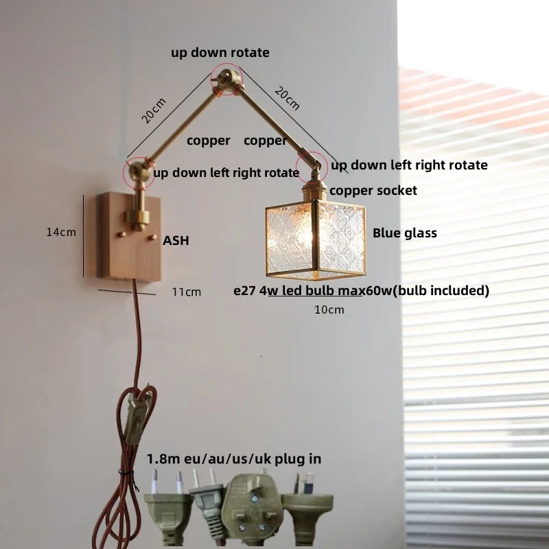 Afralia™ Ash Wood LED Swing Arm Wall Light with Pull Chain Switch & Blue Glass