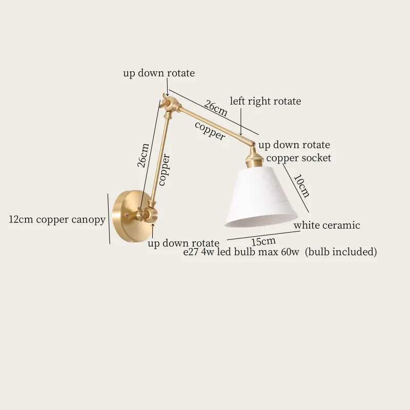 Afralia™ Ceramic LED Wall Lamp, Pull Chain Switch, Nordic Copper, Small Size