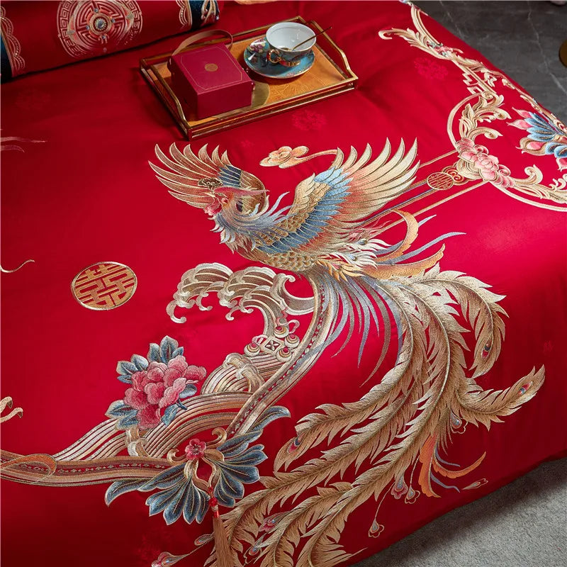 Afralia™ Red Chinese Wedding Luxury Bedding Set with Dragon Phoenix Embroidery