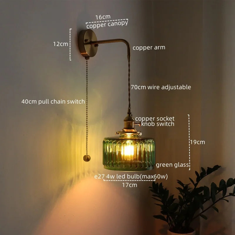 Afralia™ Vintage Green Glass Copper LED Wall Lights Pull Chain Switch Hallway Bedroom Balcony Wall Lamp