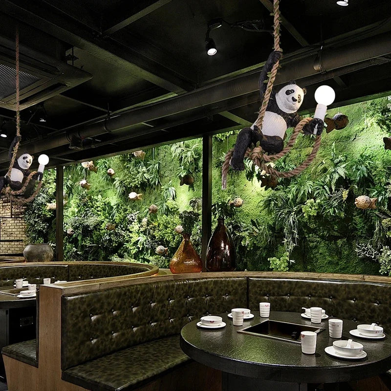 Afralia™ Resin Panda Pendant Light: Vintage Loft Hemp Rope Hanging Chandelier