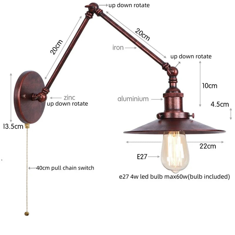 Afralia™ Vintage Industrial Long Arm Adjustable LED Wall Sconce Pull Chain Switch Bedside Lamp