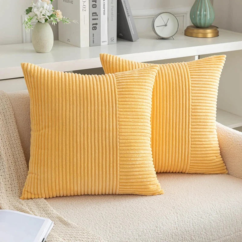 Afralia™ Corduroy Striped Patchwork Throw Pillow Covers Set, Farmhouse Style Yellow Classic Pillowcases