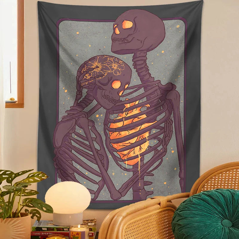 Afralia™ Skull Lover Heart Couple Psychedelic Tapestry Wall Hanging Bouquet Blanket