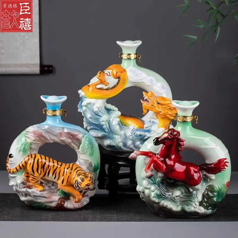 Afralia™ Jingdezhen Ceramic Wine Bottle Sculpture Gift Chinese Zodiac 3kg