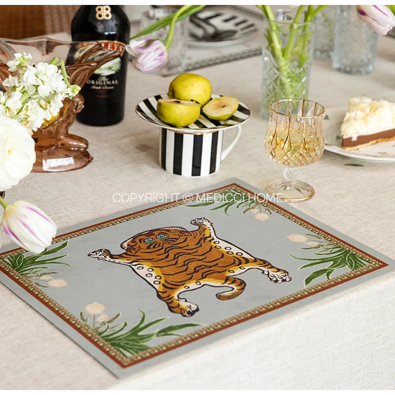 Afralia™ Tiger Print Placemat: Vintage Style PU Leather, Waterproof, Decorative, 30x40cm