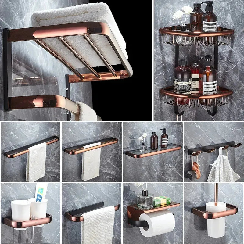 Afralia™ Rose Gold Black Bathroom Hardware Set: Towel Rack, Shelf, Paper Holder, Towel Holder, Toilet Brush Holder