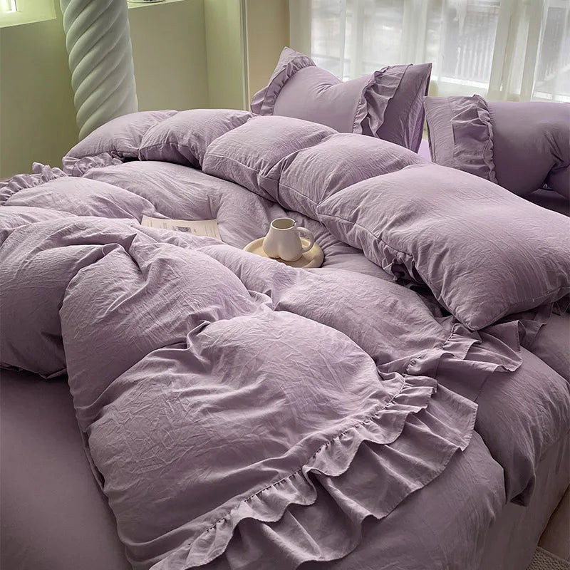 Afralia™ Korean Princess Ruffles Bedding Set - Soft Microfiber, Duvet Cover Pillowcases - All Sizes