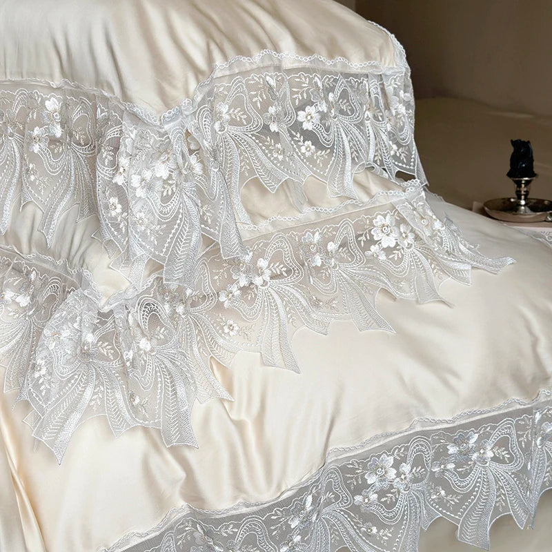 Afralia™ Romantic Lace Ruffles Bedding Set in Lyocell Cotton, Silky Duvet Cover, Bed Sheet, Pillowcases