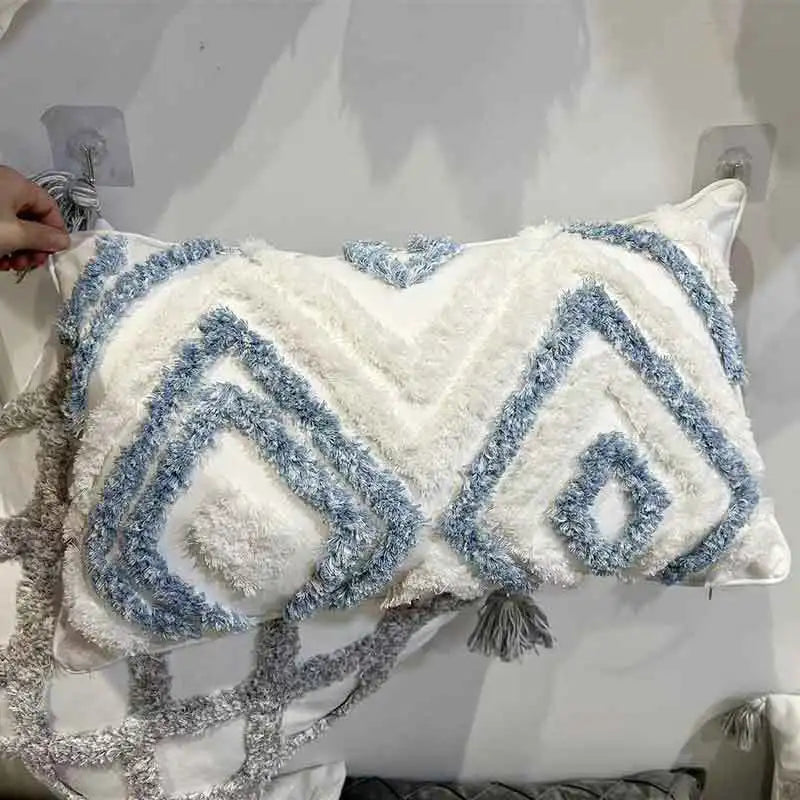 Afralia™ Geometric Diamond Tufted Embroidery Pillowcases - Blue & White Fringed, 45x45/30x50cm