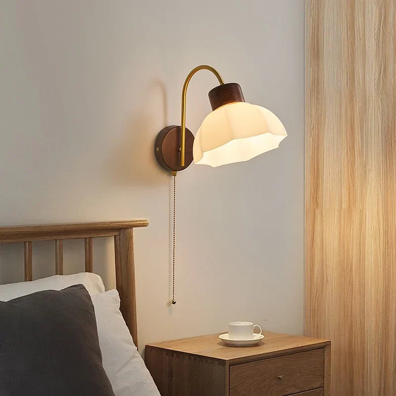 Afralia™ Ceramic Wood LED Wall Sconce Pull Chain Switch for Living Room Bedroom Hallway