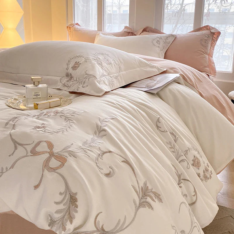 Afralia™ European Palace Style Flowers Embroidery Cotton Luxury Bedding Set with Duvet Cover, Sheets, Pillowcase