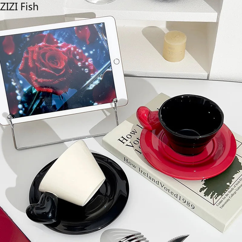 Afralia™ Heart Shape Porcelain Lovers Mug Set Dining Coffee Cup Tea Saucer Juice Cup