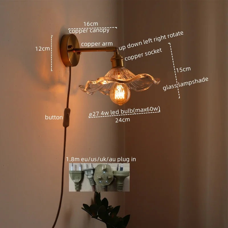 Afralia™ Vintage Glass LED Wall Light Fixture Bedroom Living Room Bedside Lamp Gold