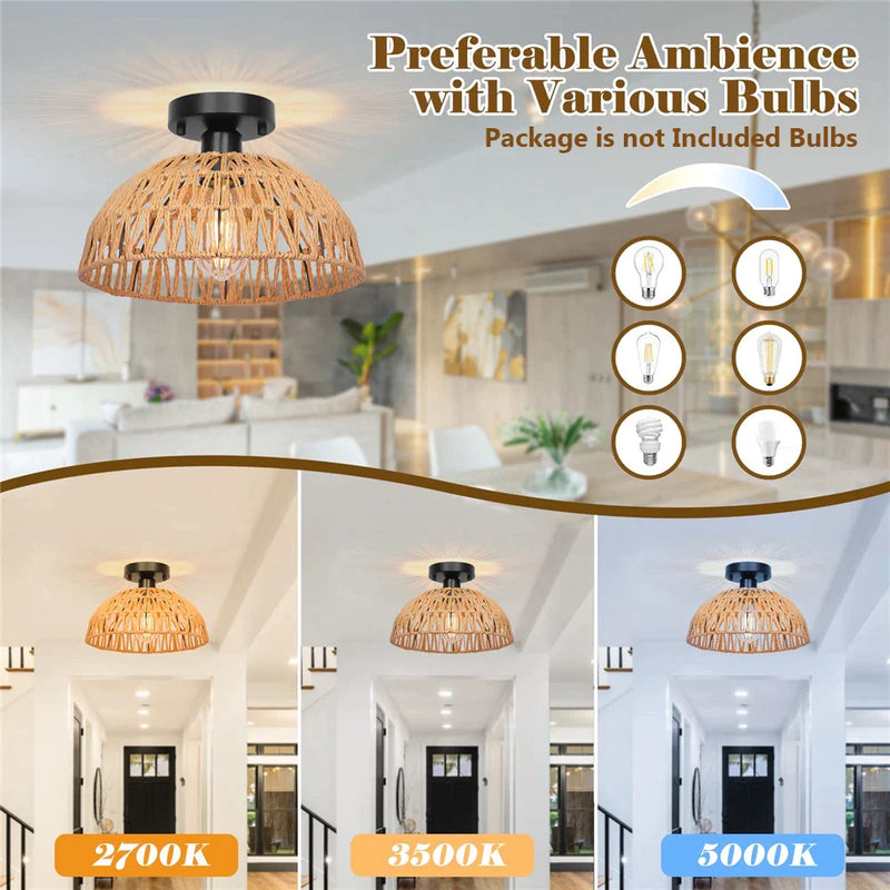 Afralia™ Rustic Woven Basket Ceiling Light for Living Room Bedroom Kitchen Island