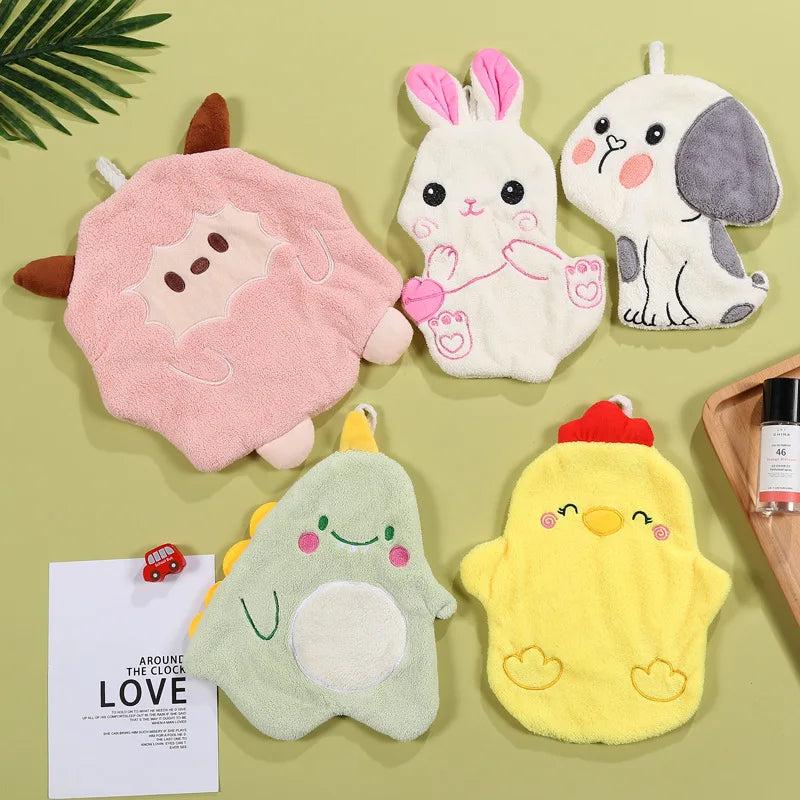 Afralia™ Cartoon Animal Shape Coral Velvet Hand Towel for Kids, Absorbent Kitchen Bathroom Cleaning Towels