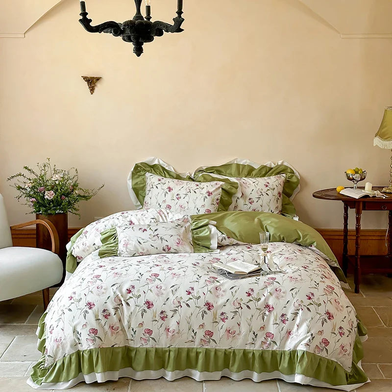 Afralia™ Rose Flowers Ruffles Princess Bedding Set 1000TC Egyptian Cotton Duvet Cover Sheets Pillowcases