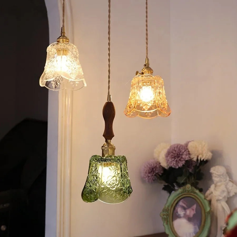 Afralia™ Green Glass LED Pendant Lamp | Modern Nordic Wood Walnut | Brass Knob Switch | Hanging Light