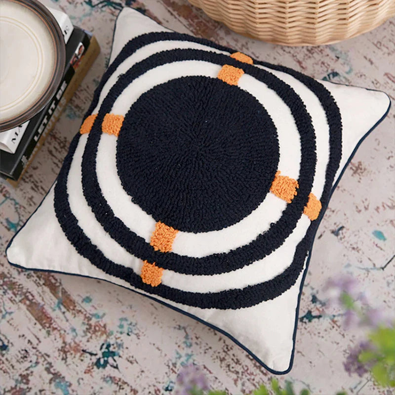 Afralia™ Geometric Loop Tufted Dark Blue Embroidered Cushion Cover