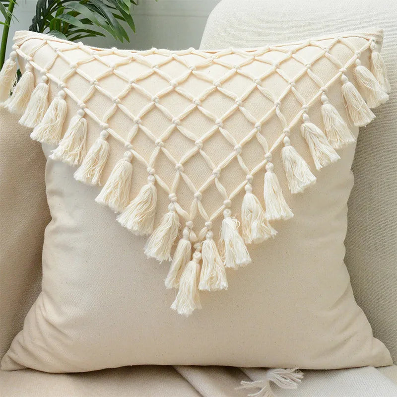 Boho Beige Fringed Cotton Weave Tassel Pillow Case by Afralia™