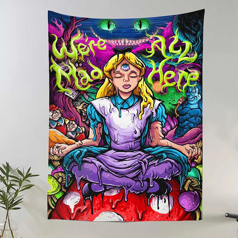 Afralia™ Psychedelic Alice Hippie Eye Trippy Anime Girl Tapestry for Bedroom Wall Art