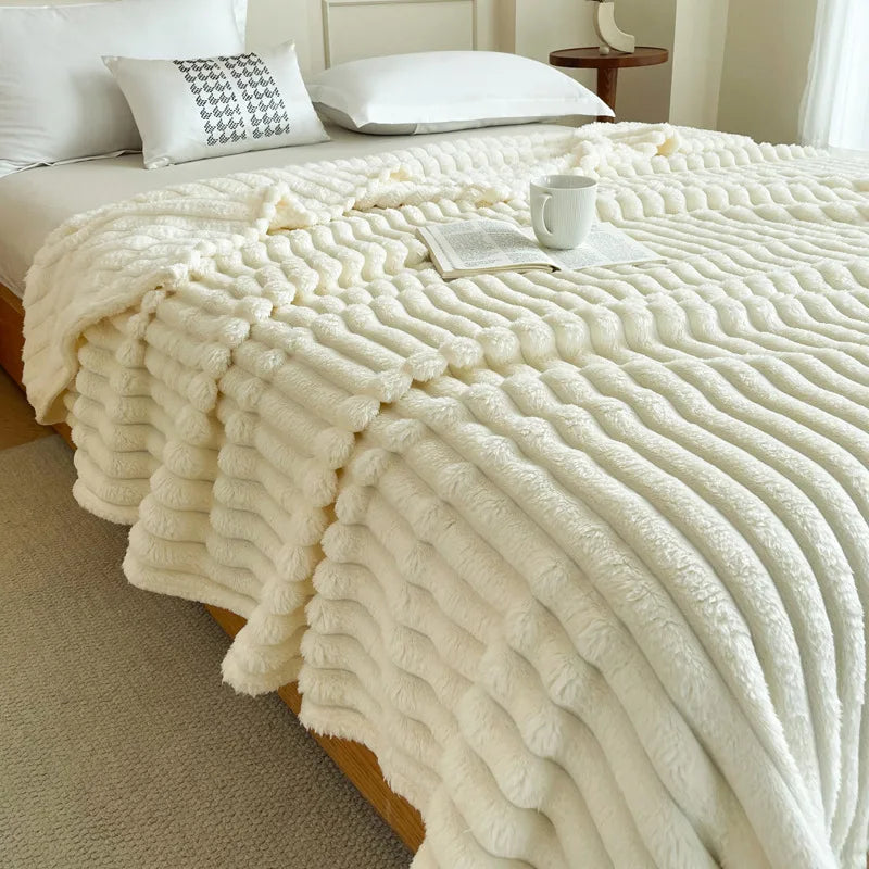 Afralia™ Faux Rabbit Plush Striped Blanket: Nordic Coral Velvet Carpet for Napping & Quilting.