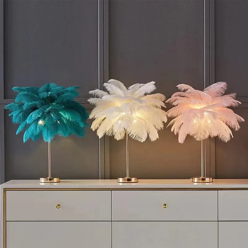 Afralia™ Nordic Feather Tree Lamp: Ostrich Feather Table Light - Pink White Romantic Bedside Décor