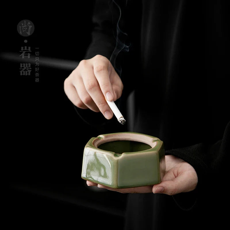 Afralia™ Geometric Green Ceramic Ashtray - Desk Decoration and Smoking Accessory