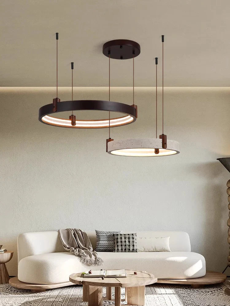 Afralia™ Wood Stone LED Chandelier for Living Room - Dimmable Suspension Luminaire