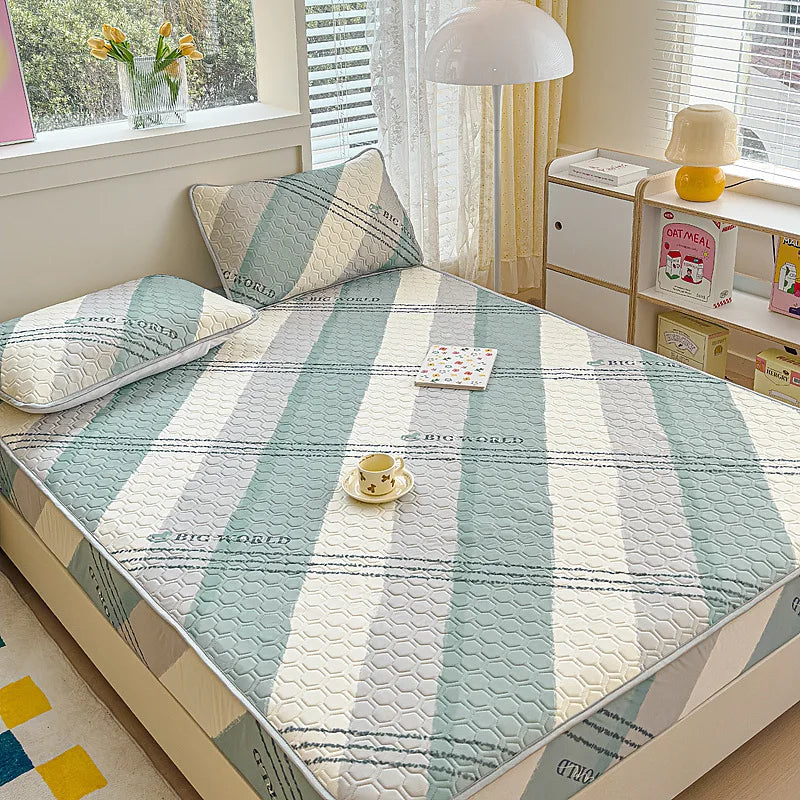 Afralia™ Cool Silk Latex Fitted Sheet Set with Pillowcases, Summer Ice Silk, Single Double Bed