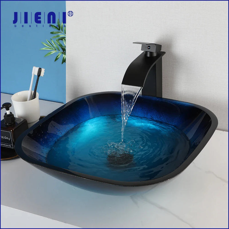 Afralia™ Gradient Blue Glass Basin Faucet Set with Waterfall Mixer Taps