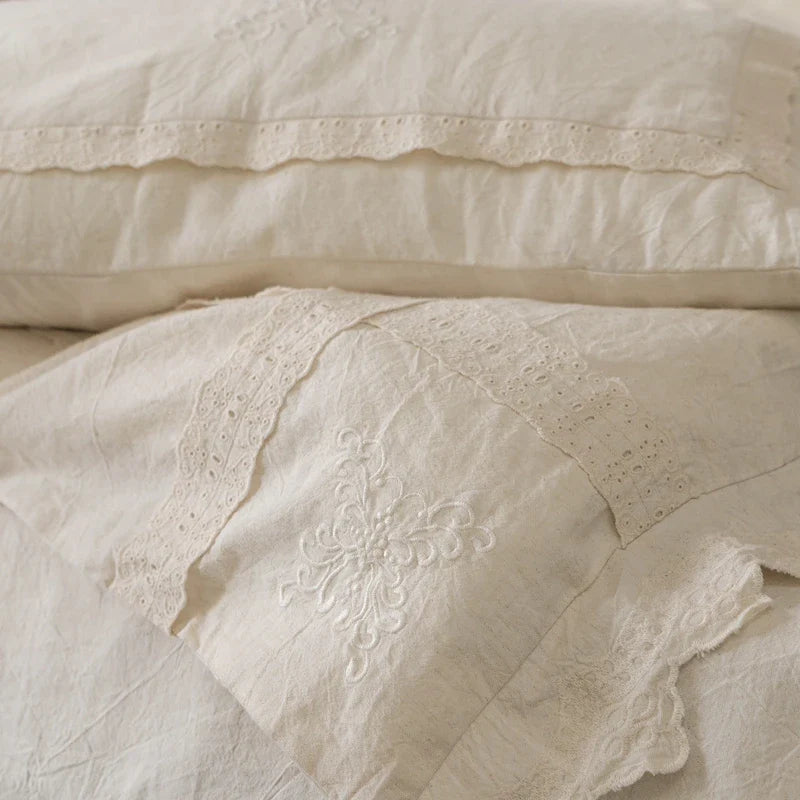 Afralia™ Cotton Linen Bedding Set, French Style Vintage Duvet Cover, Flat & Fitted Sheet