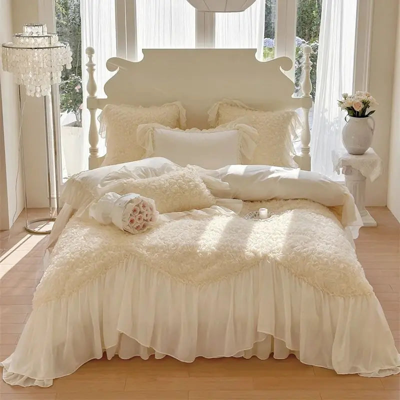 Afralia™ Pink Rose Flowers Lace Ruffles Bedding Set, Duvet Cover, Sheet, Pillowcases