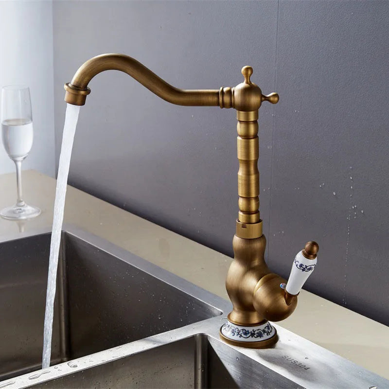 Afralia™ Antique Brass Basin Faucet, Rotatable Single Hole Kitchen Sink Mixer