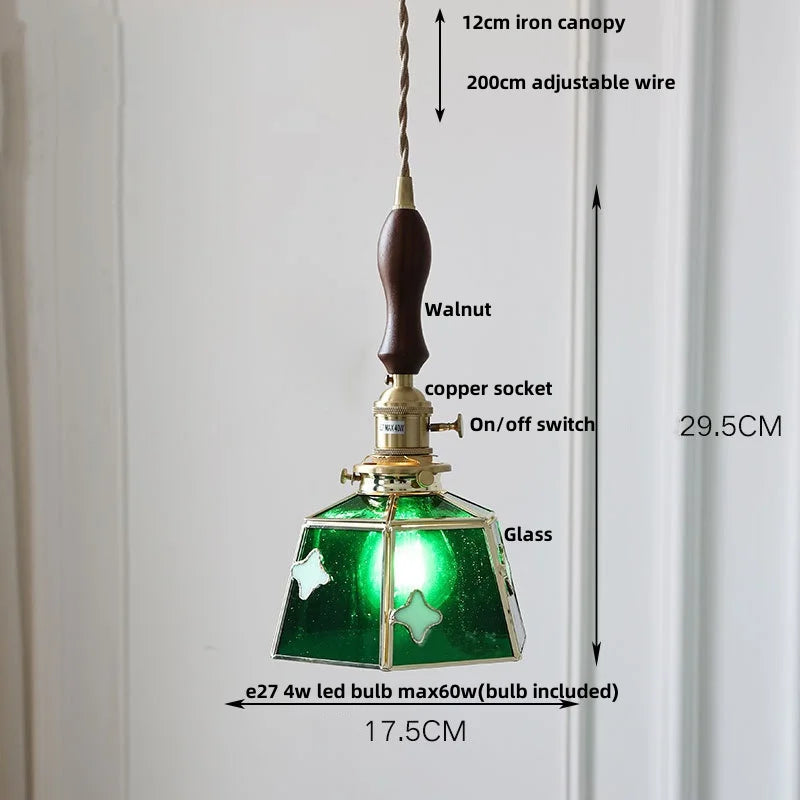 Afralia™ LED Glass & Wood Pendant Lamp Vintage Copper Hanging Lights